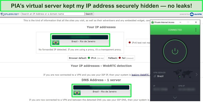 Screenshot of an IP leak test showing no data leaks, with PIA connected to a Brazilian server.