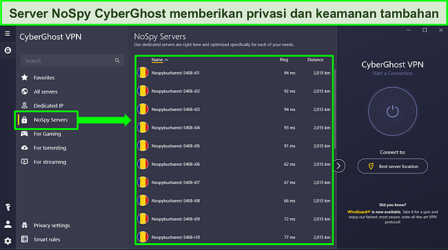 Tangkapan layar aplikasi Windows CyberGhost yang menampilkan daftar server NoSpy.