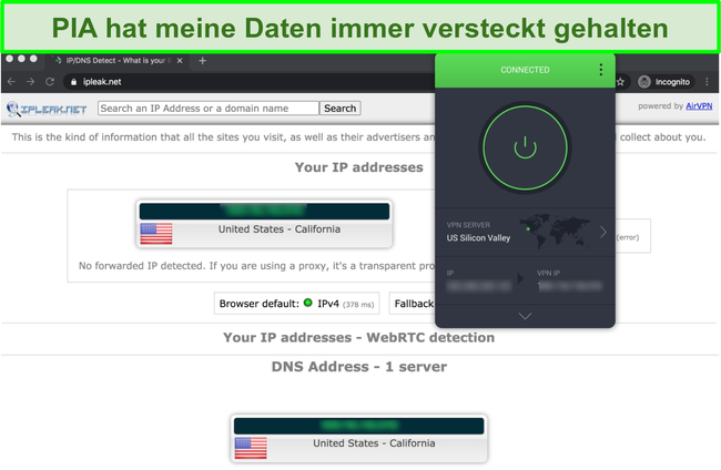 Screenshot mit PIA-bestandenen IP-, DNS- und WebRTC-Lecktests