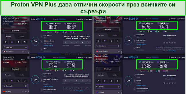 Екранна снимка на тестове за скорост на Proton VPN, показващи сървъри в САЩ, Обединеното кралство, Германия и Австралия