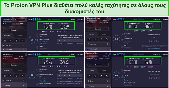 Στιγμιότυπο οθόνης δοκιμών ταχύτητας Proton VPN που εμφανίζουν διακομιστές στις ΗΠΑ, το Ηνωμένο Βασίλειο, τη Γερμανία και την Αυστραλία