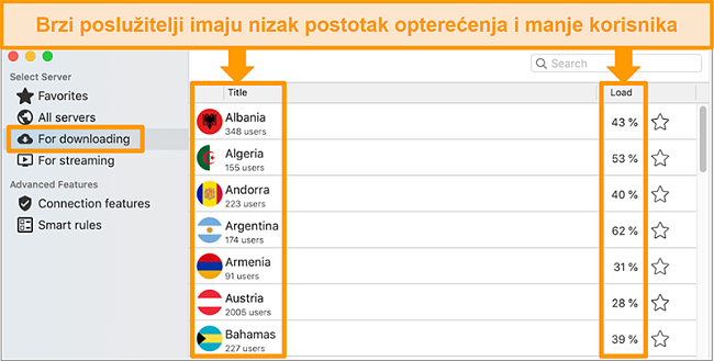 Snimka zaslona aplikacije CyberGhost i popisa poslužitelja "Za preuzimanje"