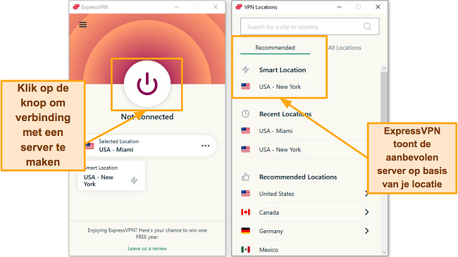 Screenshot van ExpressVPN-verbindingspagina's en serverlijst