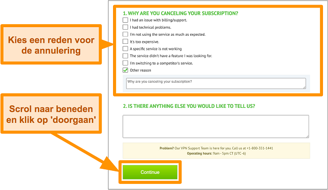 Screenshot van IPVanish-annuleringsreden op desktop