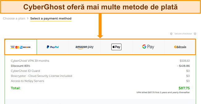 Obțineți o versiune de încercare gratuită a CyberGhost, alegeți o metodă de plată