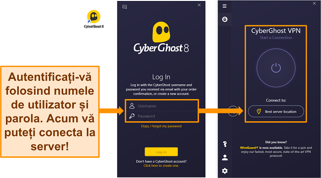 Captură de ecran a aplicației CyberGhost pentru Windows, cu secțiunea nume de utilizator și parolă evidențiate.