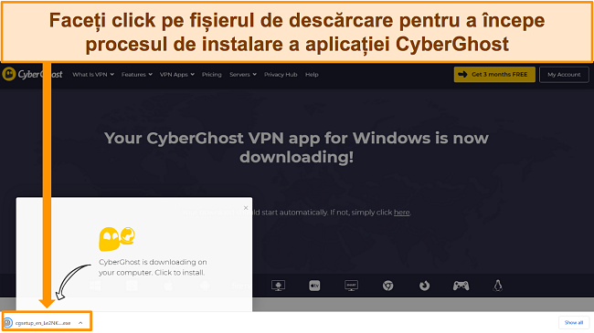 Captură de ecran a aplicației CyberGhost care se descarcă pe un dispozitiv Windows.