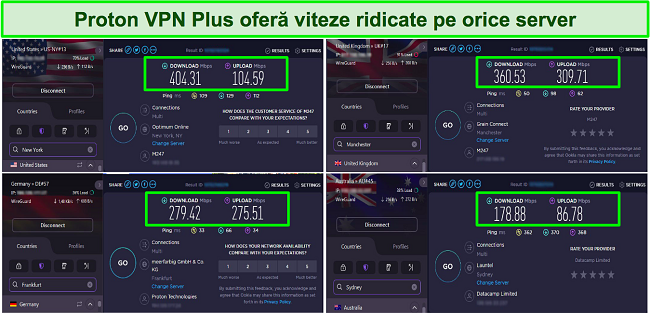 Captură de ecran a testelor de viteză Proton VPN care arată servere din SUA, Marea Britanie, Germania și Australia