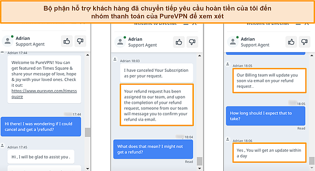 Ảnh chụp màn hình dịch vụ khách hàng của PureVPN phản hồi yêu cầu hoàn tiền và chuyển tiếp yêu cầu đến nhóm thanh toán.
