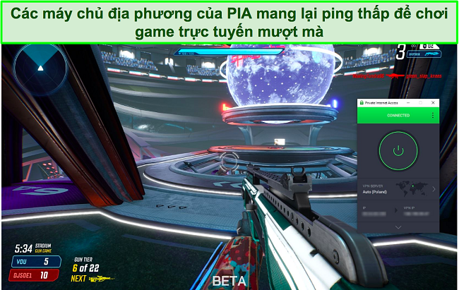 Screenshot of a game of Splitgate with PIA connected to a server