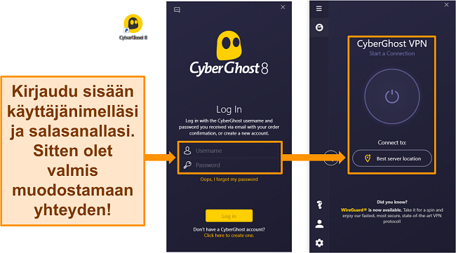 Näyttökaappaus CyberGhostin Windows-sovelluksesta, jossa käyttäjänimi- ja salasanaosio on korostettuna.