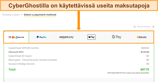 Hanki CyberGhost ilmainen kokeiluversio valitse maksutapa