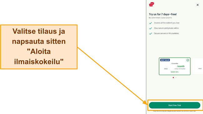 Kuvakaappaus suunnitelman valintasivusta, jossa 