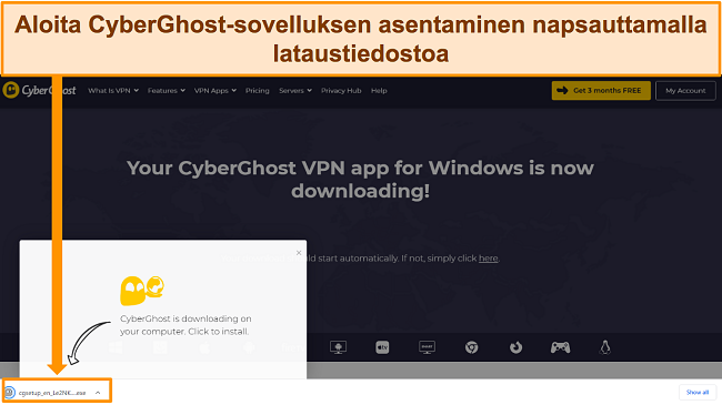 Näyttökaappaus CyberGhost-sovelluksen lataamisesta Windows-laitteeseen.