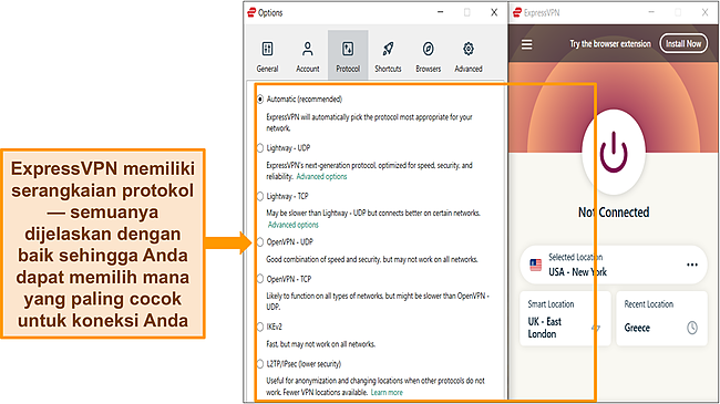 Tangkapan layar aplikasi Windows ExpressVPN dengan daftar protokolnya disorot.