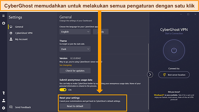 Tangkapan layar aplikasi Windows CyberGhost dengannya.