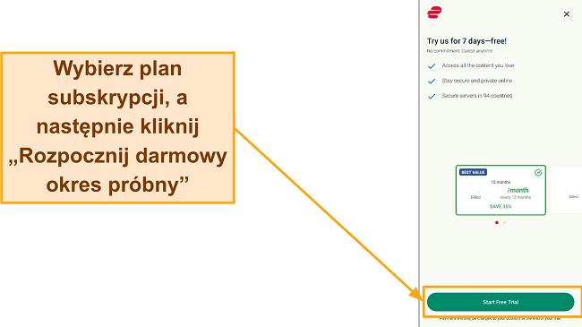 Zrzut ekranu strony wyboru planu z podświetlonym przyciskiem 