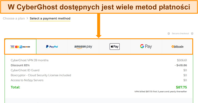 Uzyskaj bezpłatną wersję próbną CyberGhost wybierz metodę płatności