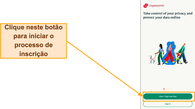 Captura de tela da página de login do ExpressVPN, com o destaque 