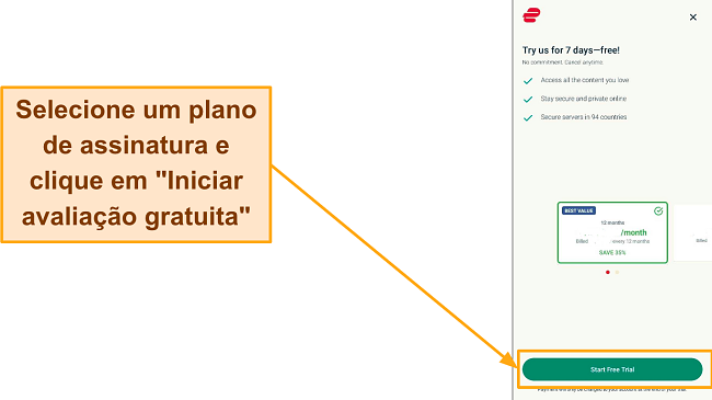 Captura de tela da página de seleção do plano com o botão 