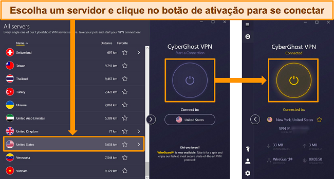 Capturas de tela do menu do servidor do CyberGhost detalhando como se conectar a um servidor dos EUA.