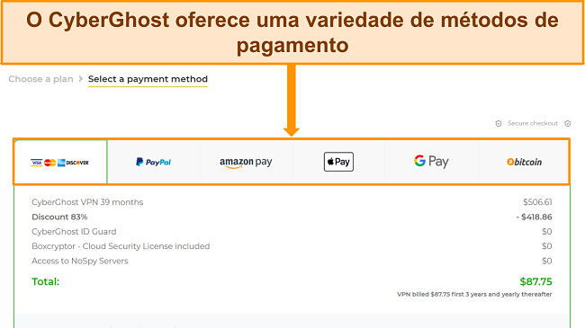 Obtenha a avaliação gratuita do CyberGhost escolha um método de pagamento
