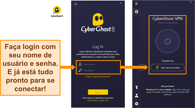 Captura de tela do aplicativo para Windows do CyberGhost com a seção de nome de usuário e senha destacada.
