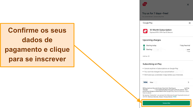 Captura de tela da confirmação final de inscrição no Google Play, com o botão Inscrever-se destacado.