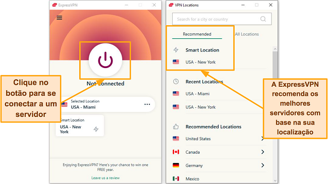 Captura de tela das páginas de conexão ExpressVPN e lista de servidores