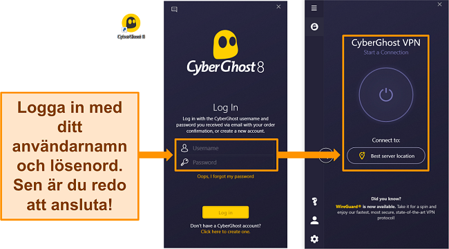 Skärmdump av CyberGhosts Windows-app med användarnamn och lösenord markerat.