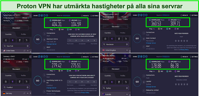 Skärmdump av Proton VPN-hastighetstester som visar servrar i USA, Storbritannien, Tyskland och Australien