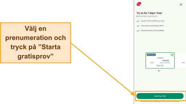 Skärmdump av planvalssidan med knappen 