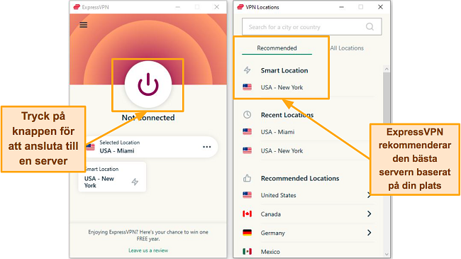 Skärmdump av ExpressVPN-anslutningssidor och serverlista