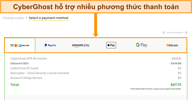 Nhận bản dùng thử miễn phí CyberGhost chọn phương thức thanh toán