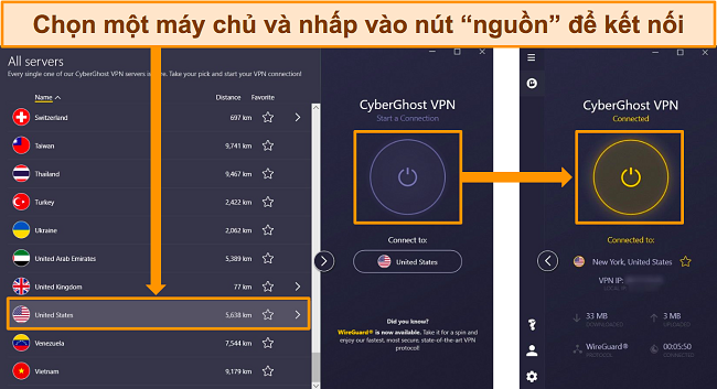 Ảnh chụp màn hình menu máy chủ của CyberGhost nêu chi tiết cách kết nối với máy chủ Hoa Kỳ.