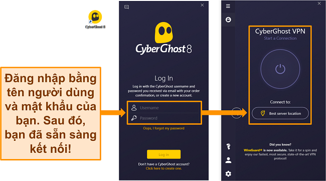Ảnh chụp màn hình ứng dụng Windows của CyberGhost với phần tên người dùng và mật khẩu được làm nổi bật.