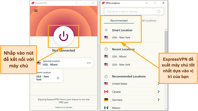 Ảnh chụp màn hình các trang kết nối ExpressVPN và danh sách máy chủ