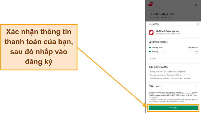 Ảnh chụp màn hình xác nhận đăng ký cuối cùng trên Google Play, với nút Đăng ký được làm nổi bật.