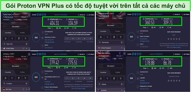 Ảnh chụp màn hình kiểm tra tốc độ Proton VPN cho thấy các máy chủ ở Hoa Kỳ, Vương quốc Anh, Đức và Úc