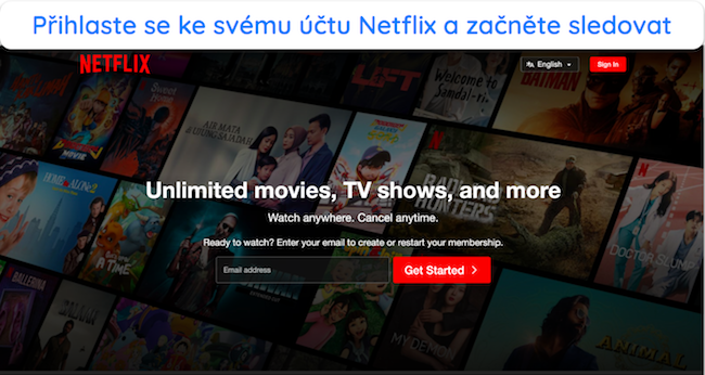Snímek obrazovky přihlašovací stránky Netflixu