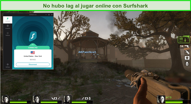 Captura de pantalla del videojuego "Left 4 Dead 2" con Surfshark conectado a una ubicación de servidor de EE. UU.