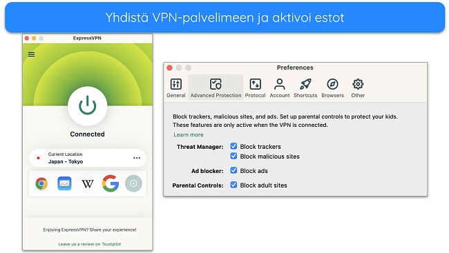 Kuvakaappaus palvelimeen yhdistetystä ExpressVPN:stä ja sen lisäsuojauksen estovaihtoehdoista