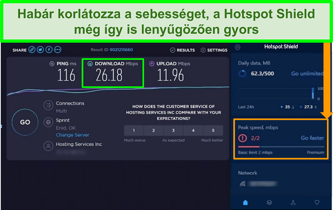 Pillanatkép a sebességvizsgálat eredményeiről, miközben a Hotspot Shield interfészhez csatlakozik