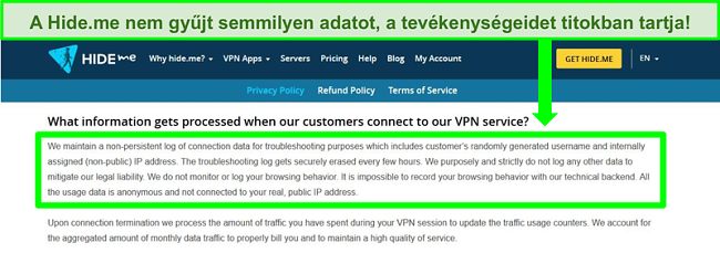 A Hide.me adatvédelmi irányelvének képernyőképe, amely nem mutat adatnaplót