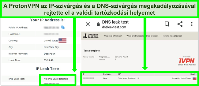 A DNS- és IP-cím szivárgási teszt képernyőképe, amely nem mutat IP-szivárgást a Proton VPN-hez való csatlakozás közben