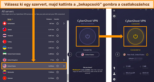 K&eacute;pernyők&eacute;pek a CyberGhost szerver men&uuml;j&eacute;ről, amely r&eacute;szletezi az egyes&uuml;lt &aacute;llamokbeli szerverhez val&oacute; csatlakoz&aacute;s m&oacute;dj&aacute;t.