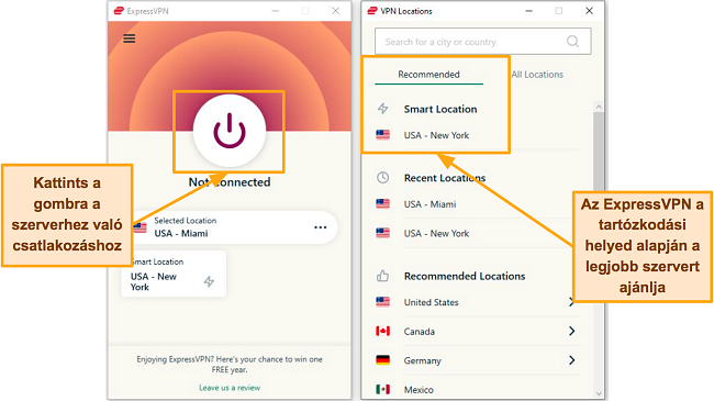 K&eacute;pernyők&eacute;p az ExpressVPN csatlakoz&aacute;si oldalair&oacute;l &eacute;s a szerverlist&aacute;r&oacute;l