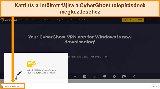K&eacute;pernyők&eacute;p a CyberGhost alkalmaz&aacute;s Windows-eszk&ouml;zre t&ouml;rt&eacute;nő let&ouml;lt&eacute;s&eacute;ről.