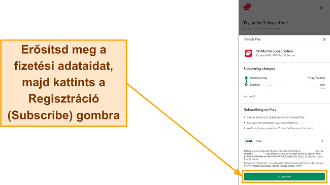 K&eacute;pernyők&eacute;p a Google Playen t&ouml;rt&eacute;nő regisztr&aacute;ci&oacute; v&eacute;gleges megerős&iacute;t&eacute;s&eacute;ről, a Feliratkoz&aacute;s gomb kiemel&eacute;s&eacute;vel.