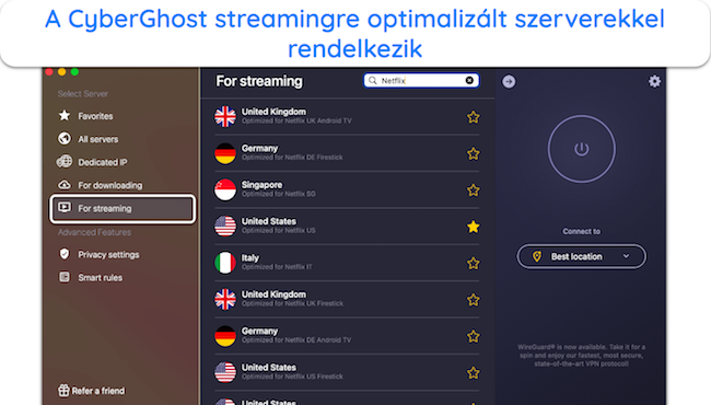 Képernyőkép a CyberGhost Netflixhez optimalizált szervereiről